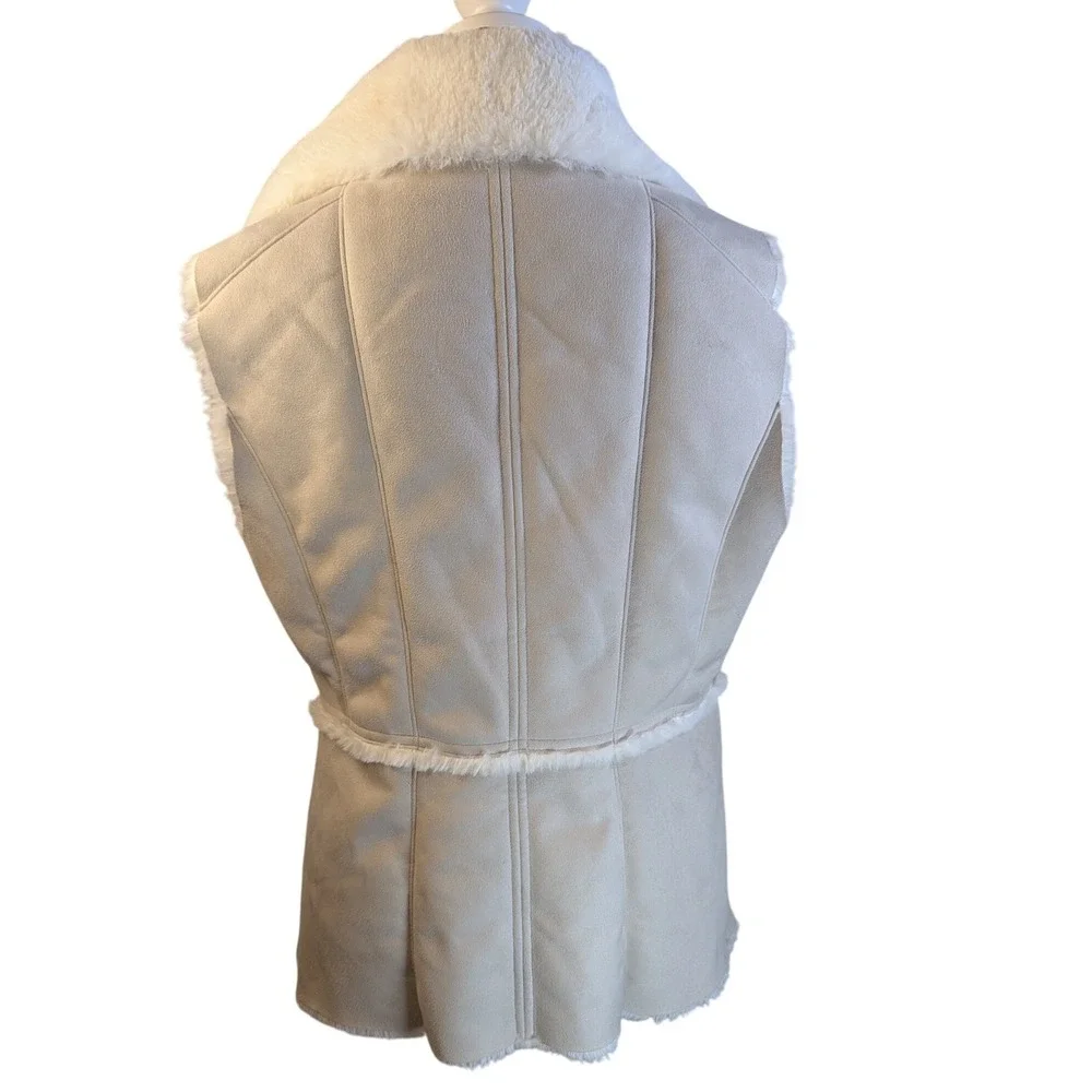 White House Black Market Faux Suede‎ Sherpa Lined Vest Beige Zip Cozy Women's M - Picture 2 of 10